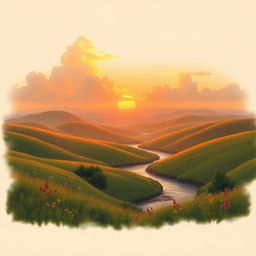 A serene landscape scene depicting a tranquil sunset over rolling hills, with fluffy clouds illuminated in shades of orange, pink, and gold