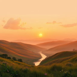 A serene landscape scene depicting a tranquil sunset over rolling hills, with fluffy clouds illuminated in shades of orange, pink, and gold