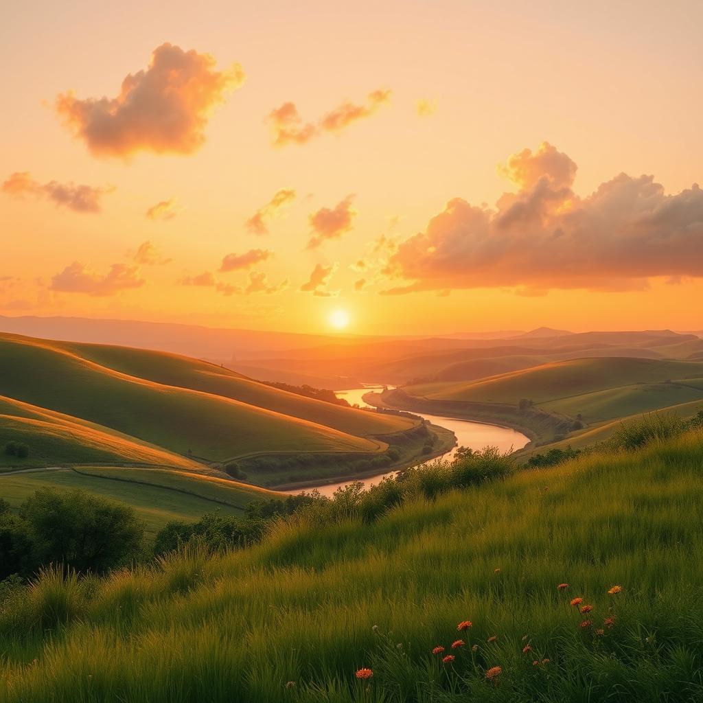 A serene landscape scene depicting a tranquil sunset over rolling hills, with fluffy clouds illuminated in shades of orange, pink, and gold