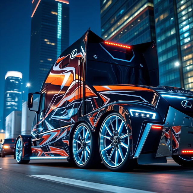 An impressive image showcasing custom Lexus rims designed for a cutting-edge semi-truck, capturing a blend of luxury and power