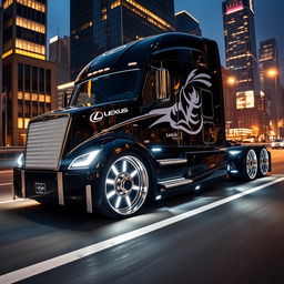 An impressive image showcasing custom Lexus rims designed for a cutting-edge semi-truck, capturing a blend of luxury and power