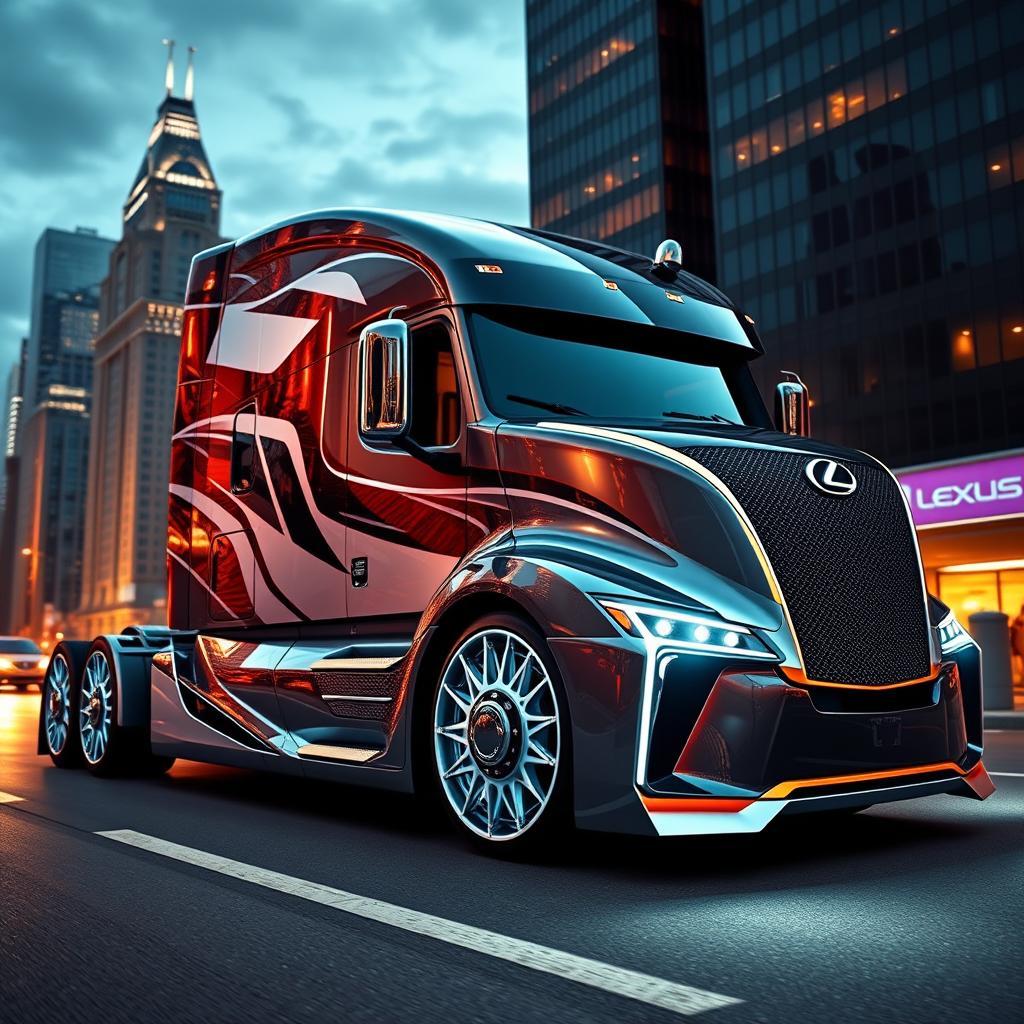 An impressive image showcasing custom Lexus rims designed for a cutting-edge semi-truck, capturing a blend of luxury and power