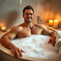 A muscular man enjoying a relaxing bath filled with bubbles, showcasing his well-defined physique