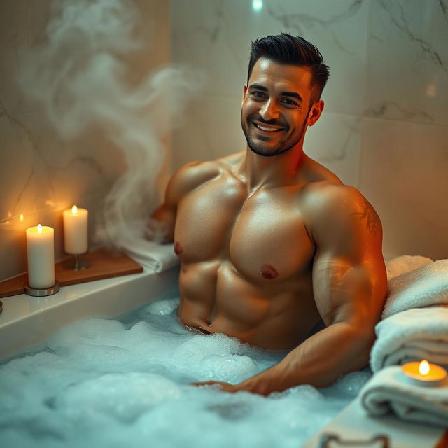 A muscular man enjoying a relaxing bath filled with bubbles, showcasing his well-defined physique