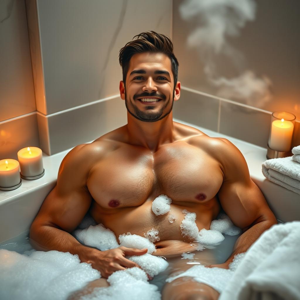 A muscular man enjoying a relaxing bath filled with bubbles, showcasing his well-defined physique