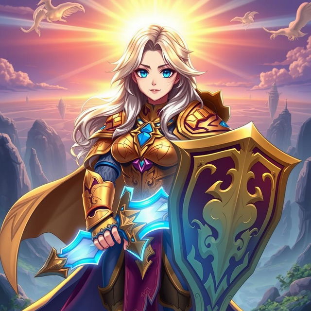 A female paladin from World of Warcraft in a vibrant anime style