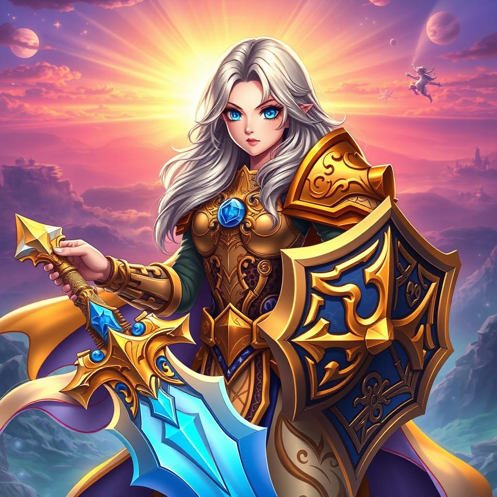 A female paladin from World of Warcraft in a vibrant anime style