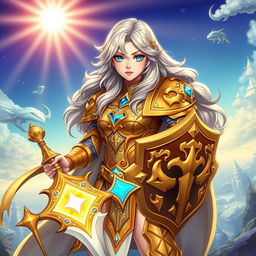 A female paladin from World of Warcraft in a vibrant anime style
