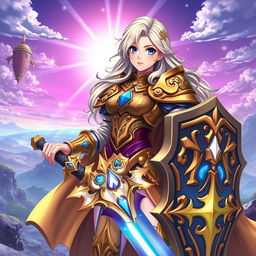 A female paladin from World of Warcraft in a vibrant anime style