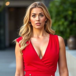 A beautiful 35-year-old woman wearing a vibrant red dress that accentuates her features, with a plunging neckline showcasing her curves