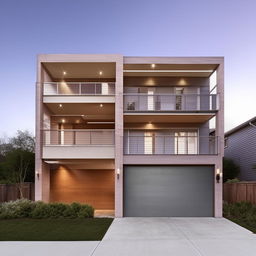 Create an image of a beautifully designed, three-story building measuring 60ft x 30ft. It features a right-side garage with an interior staircase, all based on modern architectural design.