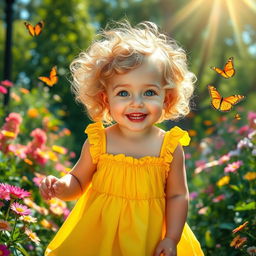 A beautiful child with sparkling blue eyes and curly blonde hair, wearing a bright yellow summer dress
