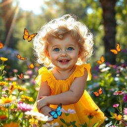 A beautiful child with sparkling blue eyes and curly blonde hair, wearing a bright yellow summer dress