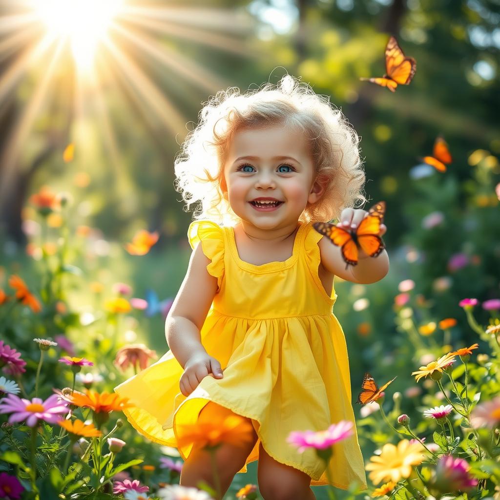A beautiful child with sparkling blue eyes and curly blonde hair, wearing a bright yellow summer dress