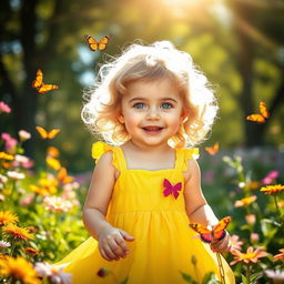 A beautiful child with sparkling blue eyes and curly blonde hair, wearing a bright yellow summer dress