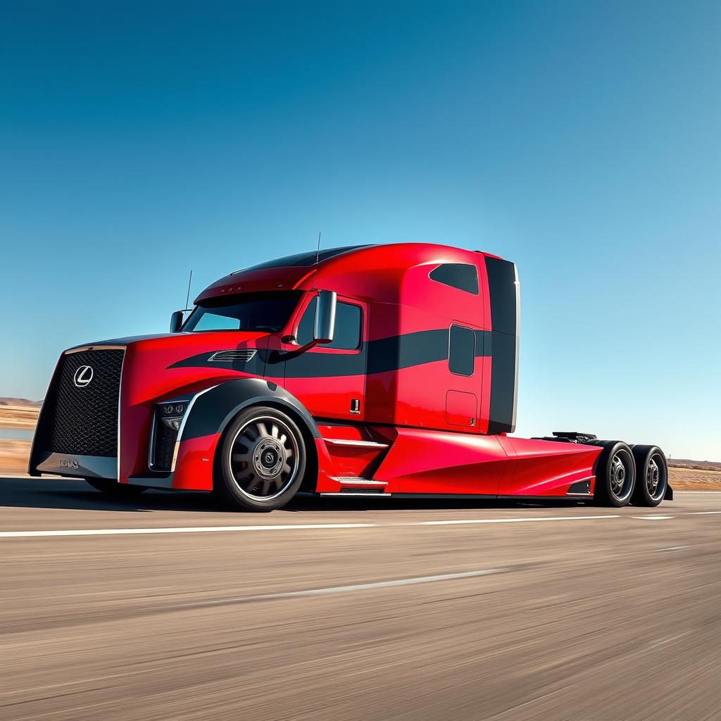 A visually striking image of a custom cutting-edge semi-truck outfitted with stylish Lexus rims and wheels