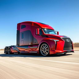 A visually striking image of a custom cutting-edge semi-truck outfitted with stylish Lexus rims and wheels
