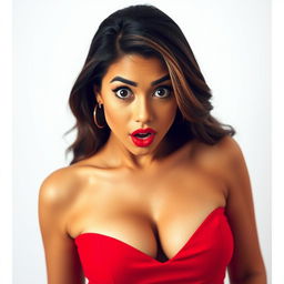 A beautiful 35-year-old woman dressed in red, showcasing her cleavage, with a natural surprised expression on her face