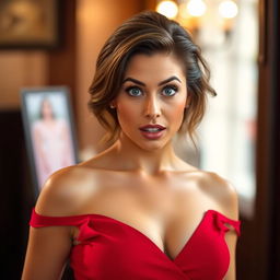 A beautiful 35-year-old woman dressed in red, showcasing her cleavage, with a natural surprised expression on her face