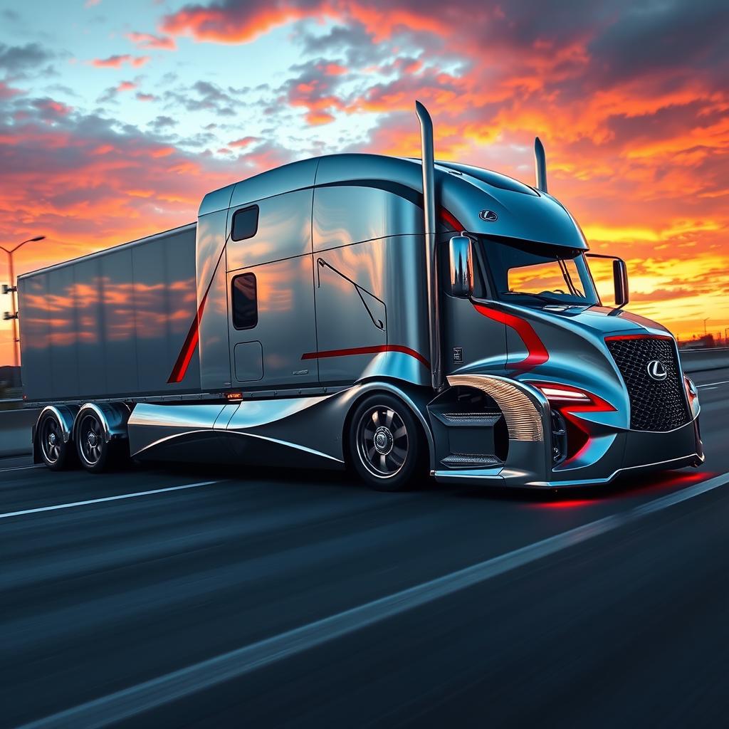 A stunning depiction of a custom cutting-edge semi-truck adorned with luxury Lexus rims and wheels