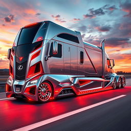A stunning depiction of a custom cutting-edge semi-truck adorned with luxury Lexus rims and wheels