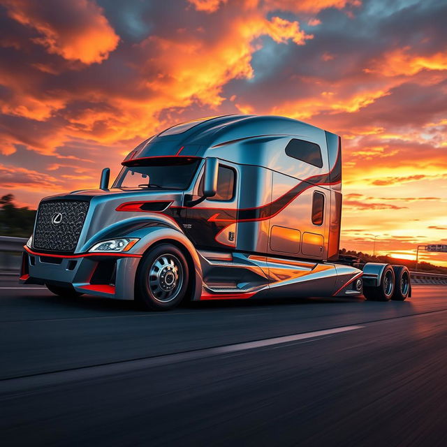 A stunning depiction of a custom cutting-edge semi-truck adorned with luxury Lexus rims and wheels