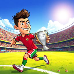 A whimsical cartoon scene depicting a soccer player resembling a character inspired by Cristiano Ronaldo, sneaking away with the FIFA trophy