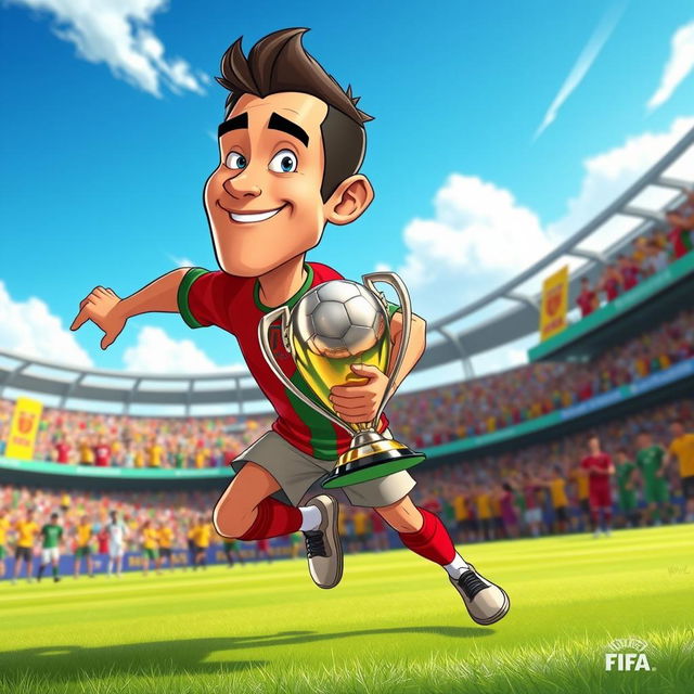 A whimsical cartoon scene depicting a soccer player resembling a character inspired by Cristiano Ronaldo, sneaking away with the FIFA trophy