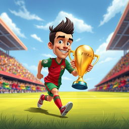 A whimsical cartoon scene depicting a soccer player resembling a character inspired by Cristiano Ronaldo, sneaking away with the FIFA trophy