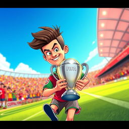 A whimsical cartoon scene depicting a soccer player resembling a character inspired by Cristiano Ronaldo, sneaking away with the FIFA trophy