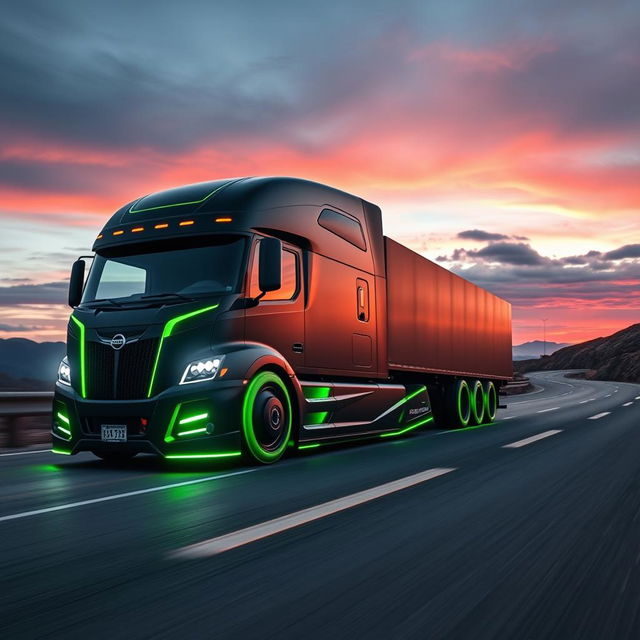 A striking image of a custom cutting-edge semi-truck featuring dynamic Nissan GTR rims and wheels