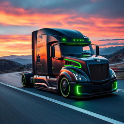A striking image of a custom cutting-edge semi-truck featuring dynamic Nissan GTR rims and wheels