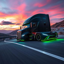 A striking image of a custom cutting-edge semi-truck featuring dynamic Nissan GTR rims and wheels