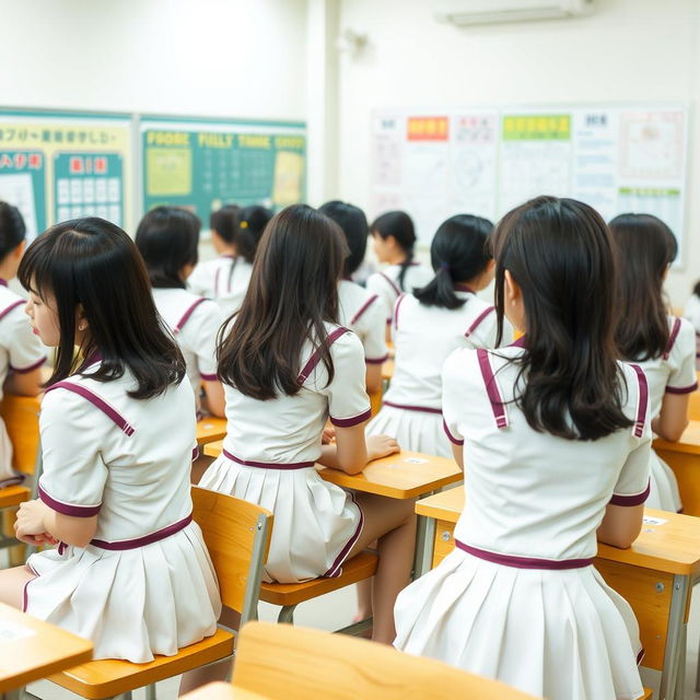 A group of Japanese girls, around 20 years old, all dressed in identical provocative school uniforms with very short skirts, sitting in their chairs with their backs turned while attentively listening to the teacher