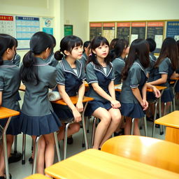 A group of Japanese girls, around 20 years old, all dressed in identical provocative school uniforms with very short skirts, sitting in their chairs with their backs turned while attentively listening to the teacher