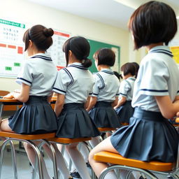A group of Japanese girls, around 20 years old, all dressed in identical provocative school uniforms with very short skirts, sitting in their chairs with their backs turned while attentively listening to the teacher