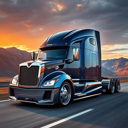 An impressive custom cutting-edge semi-truck featuring striking Nissan GTR rims and wheels