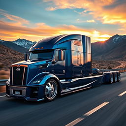 An impressive custom cutting-edge semi-truck featuring striking Nissan GTR rims and wheels