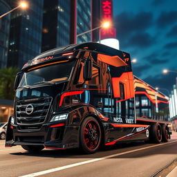An eye-catching custom cutting-edge semi-truck featuring distinctive Nissan GTR rims and wheels