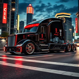 An eye-catching custom cutting-edge semi-truck featuring distinctive Nissan GTR rims and wheels
