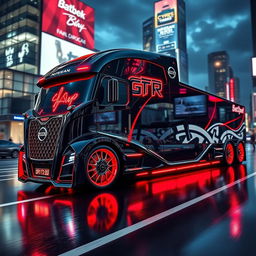 An eye-catching custom cutting-edge semi-truck featuring distinctive Nissan GTR rims and wheels