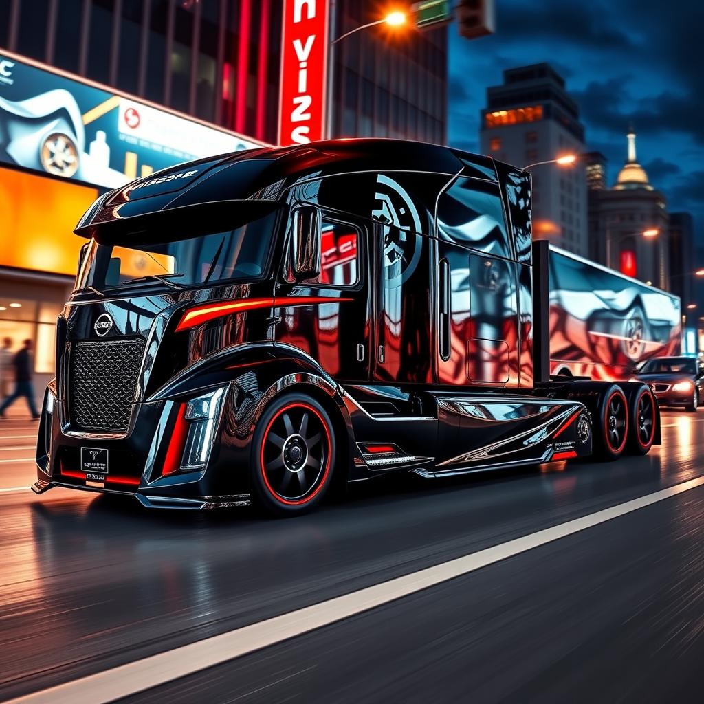 An eye-catching custom cutting-edge semi-truck featuring distinctive Nissan GTR rims and wheels