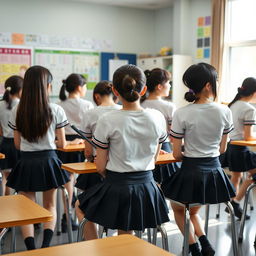 A group of Japanese girls, around 25 years old, all dressed in identical provocative school uniforms featuring very short skirts, sitting in their chairs with their backs turned while attentively listening to the teacher