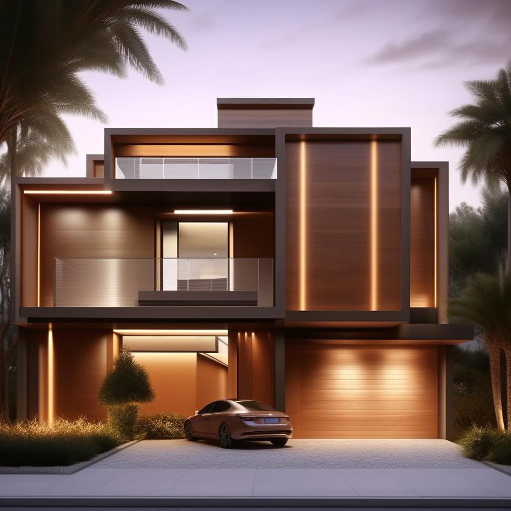 Create an image of a beautifully designed, three-story building measuring 60ft x 30ft. It features a right-side garage with an interior staircase, all based on modern architectural design.