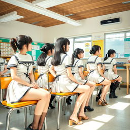 A group of Japanese girls, around 25 years old, all dressed in identical provocative school uniforms featuring very short skirts, sitting in their chairs with their backs turned while attentively listening to the teacher