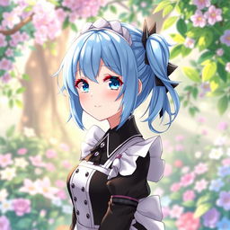 A highly detailed illustration of Rem from Re:Zero, wearing her classic maid outfit with a black and white color scheme