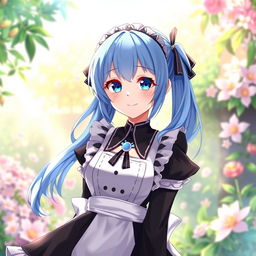 A highly detailed illustration of Rem from Re:Zero, wearing her classic maid outfit with a black and white color scheme