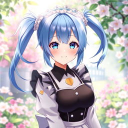 A highly detailed illustration of Rem from Re:Zero, wearing her classic maid outfit with a black and white color scheme
