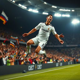 A dynamic scene of Cristiano Ronaldo celebrating a goal, mid-air while chanting 'Suuuu!' with a passionate expression