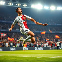 A dynamic scene of Cristiano Ronaldo celebrating a goal, mid-air while chanting 'Suuuu!' with a passionate expression